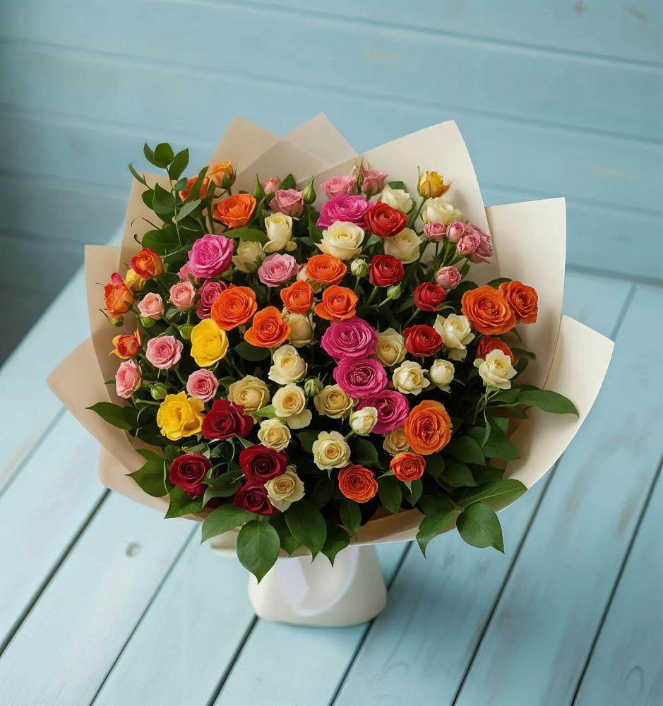 Букет Микс из разноцветных кустовых роз в Каменке Пензенской области